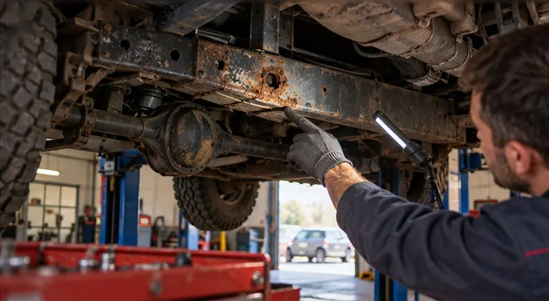 Mécanicien montrant un point de rouille sur le châssis et le pont d'un vieux 4x4 levé sur un pont d'atelier