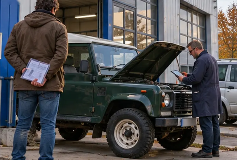 Land Rover Defender vert au contrôle technique, capot ouvert, avec le contrôleur et le propriétaire tenant ses papiers