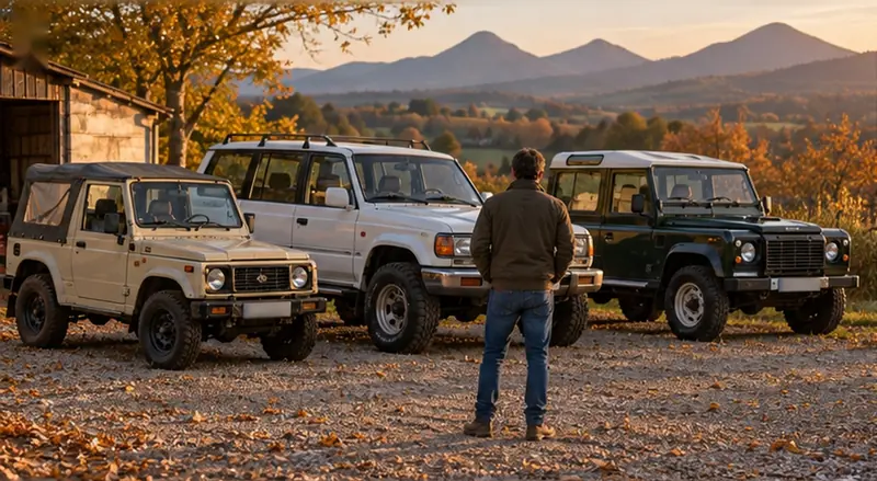 Acheteur comparant trois 4x4 des années 90, un Suzuki Samurai, un grand 4x4 blanc et un Land Rover Defender, dans un paysage d'Auvergne en automne