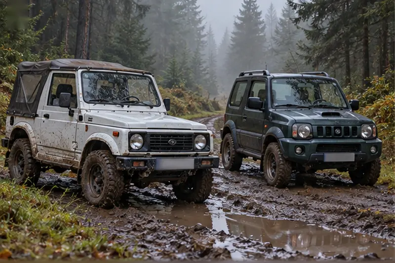 Suzuki Samurai blanc bâché et Suzuki Jimny vert foncé côte à côte sur un chemin boueux en forêt