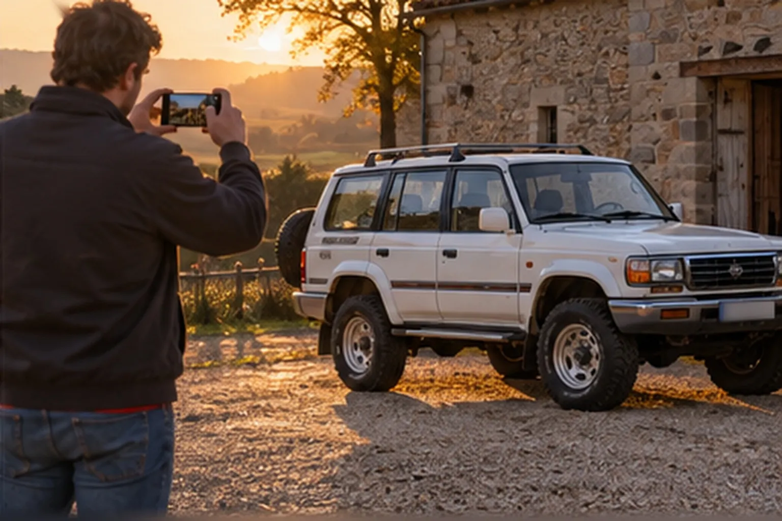 Passionné photographiant avec son téléphone son 4x4 japonais blanc des années 90 devant une ferme en pierre au coucher du soleil