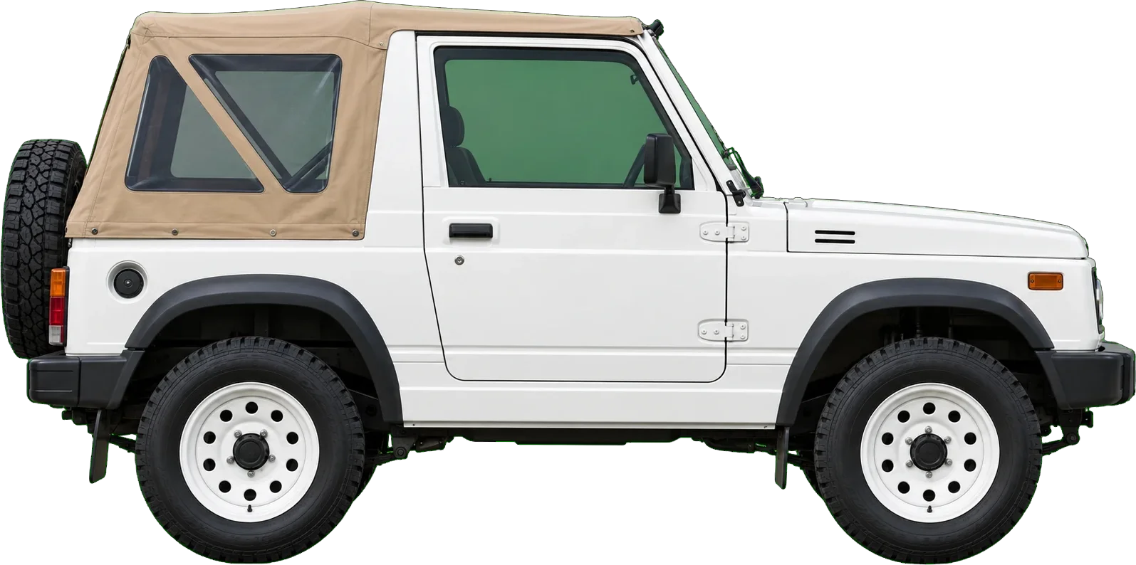 Suzuki Samurai SJ413 blanc à bâche beige, de profil